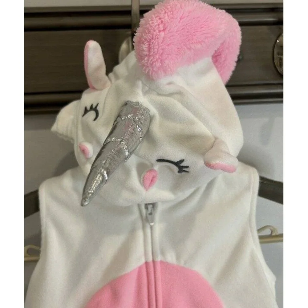 Carters Plush Girls Unicorn Costume Hood Pink White Zip Front Tail Size 18 M
